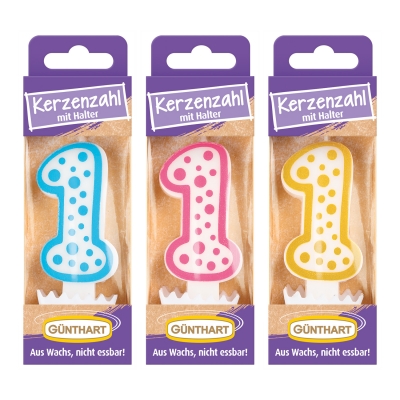12 St. Wachskerzen-Zahlen mit Halter Nr. 1 