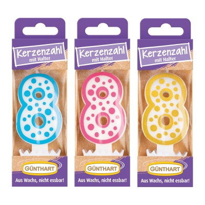 12 St. Wachskerzen-Zahlen mit Halter Nr. 8 