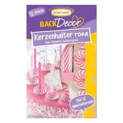 15 St. Zucker-Kerzenhalter mit Kerzen, rosa-weiss 
